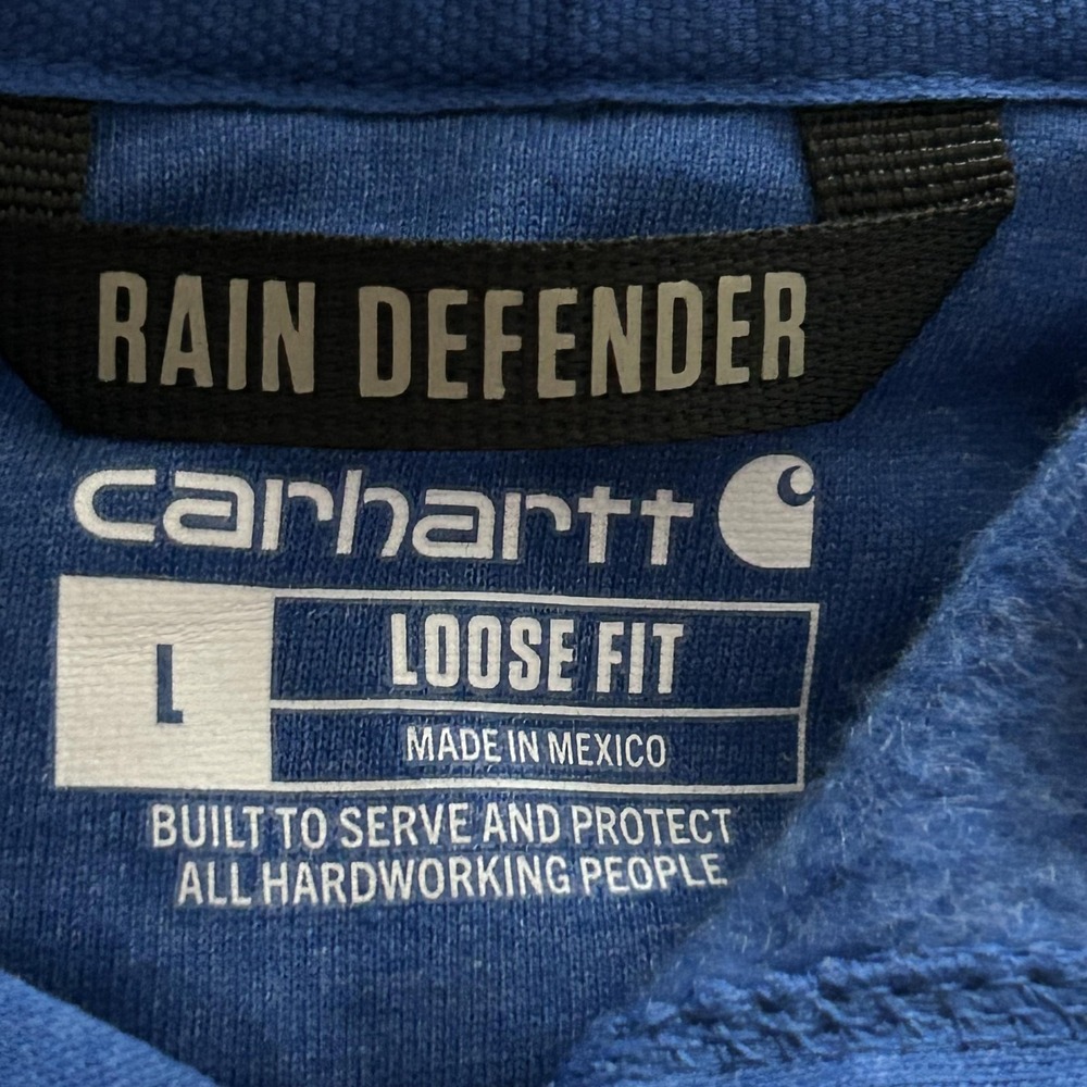 Carhartt Fleece Hoodie Mens Large Blue Rain Defender Pullover Logo Sleeve - Picture 3 of 10